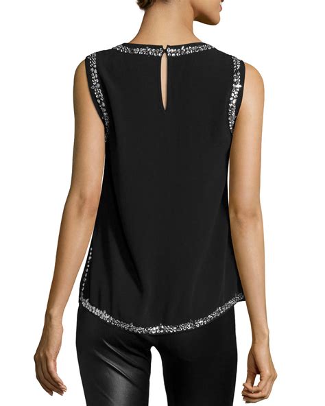 michael kors black blouse with gold embellishments on pockets|Michael Kors sleeveless tops.